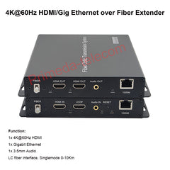 4K 60Hz HDMI/Gigabit Ethernet/ 3.5mm Audio Over Fiber Optic Converters LC Singlemode Up 10Km Uncompressed Lossless for Live TV/TV/PC/Set-top box
