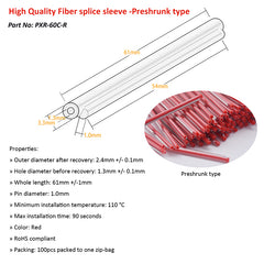 Предварительно усаженные трубки для сварки оптоволокна диаметром 2,4 мм, 60 мм, красные, термоусадочная трубка - упаковка 400 шт.