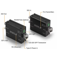 Mini 12G-SDI Video to Fiber Optic Converters Kit, SFP Transceivers include, Singlemode up 20Km,Compatible 6G-SDI,3G-SDI,HD-SDI, For UHDTV 4K 8K HDTV Video