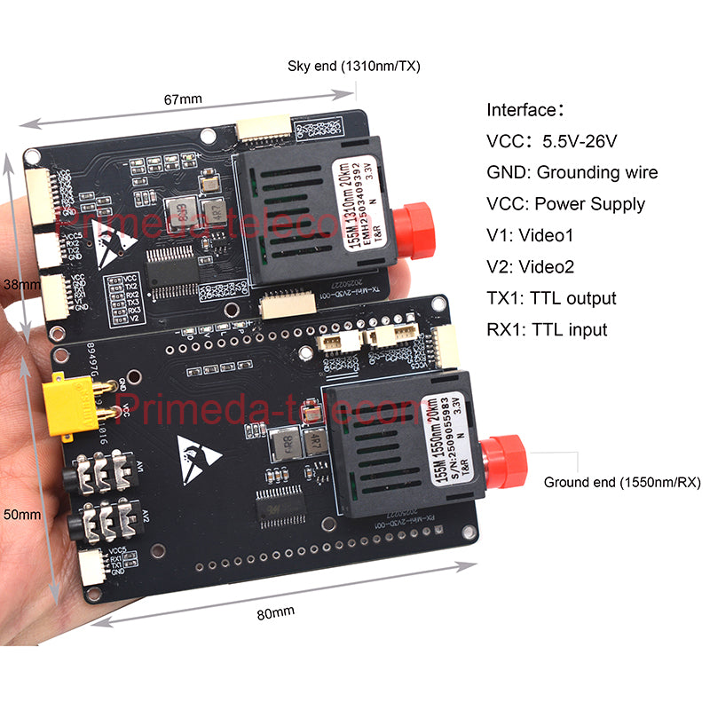 2 Analog Video with 2 TTL CRSF/SBUS over Fiber Optical Transceiver Module,3.5mm Audio interface for Video,XT30 power Singlemode up 20Km-TX/1310 & RX/1550nm