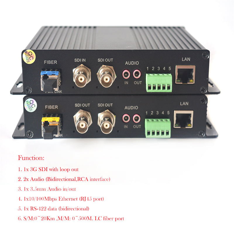 Multifunction 3G-SDI RS422 RJ45 Ethernet over Fiber Optic Media Converter, Uncompressed HD Video Audio extenders to fiber optic ,Singlemode fiber up to 12.4miles, Multimode up to 500m A set