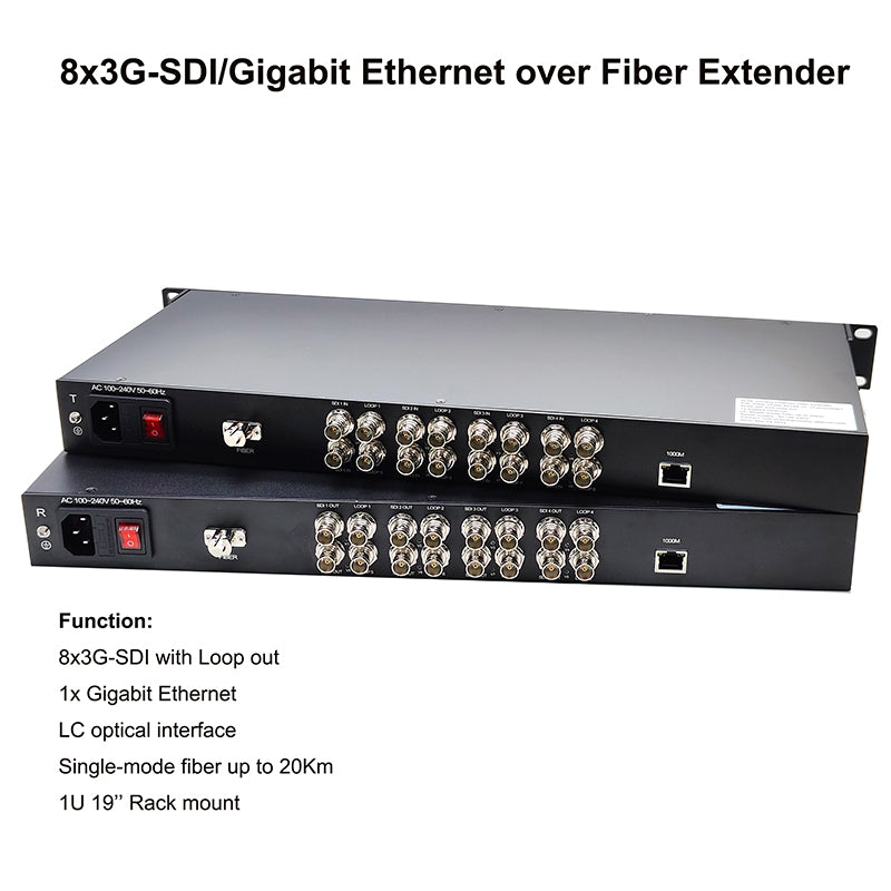 8 Port 3G HD SDI and Gigabit Ethernet over Fiber Optic Media Converter, Uncompressed Real-time HD Video Audio Transmission by Fiber, LC optical transceiver,Support 1080P 60,50, 59.94 ,30 and More. Broadcasting High quality 1 Pair