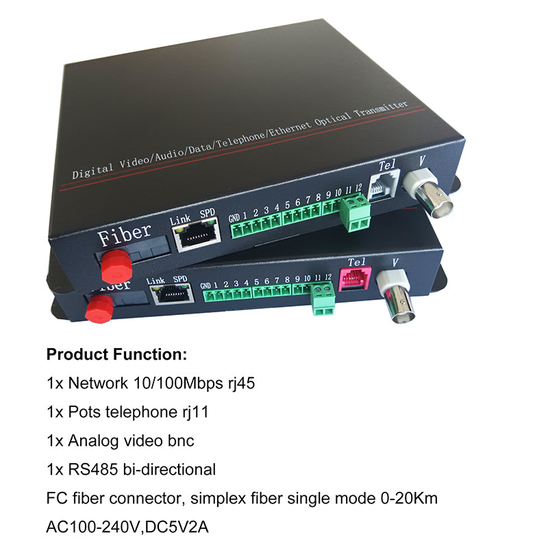 Multifuctional Analog Video POTS Telephone Network RS485 over Fiber Converter A set, FC port,Singlemode up to 20Km,Multimode up 500m