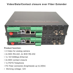 2 Video Ethernet Contact closure Pots telephone over Fiber Extender FC Singlemode up 20Km 1 pair