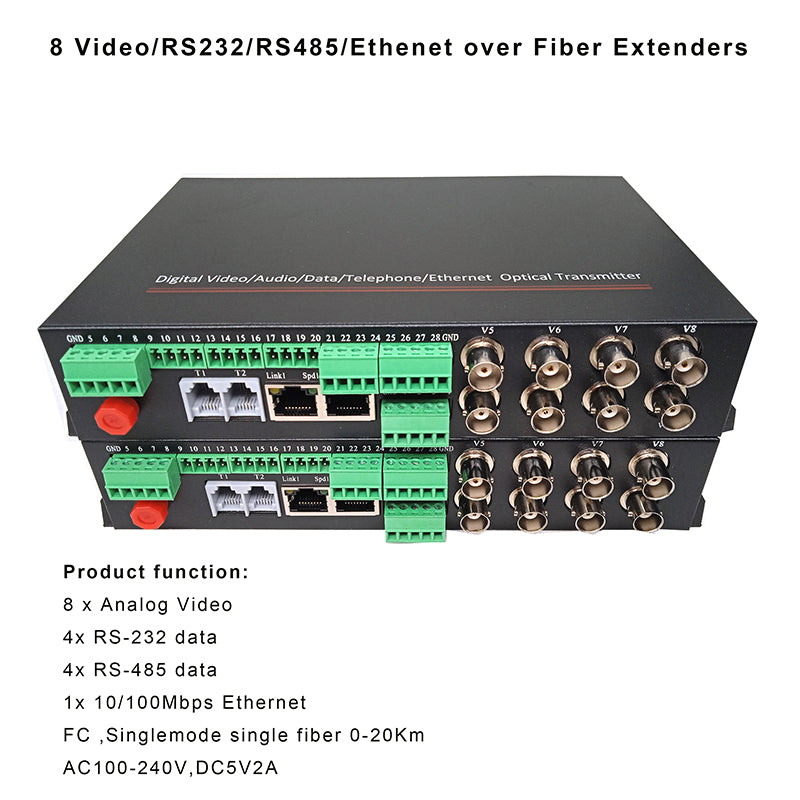 8 Video Ethernet RS485 232 Data over Fiber Optic Extender FC Singlemode up 20Km 1 pair