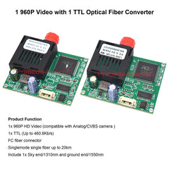HD Video TTL over Fiber Converter 960P 720P CVBS Video to fiber Optical FC/UPC module Support UART SBUS Singlemode Single Fiber Up 20Km/40Km/60Km High Speed up 460Kbps