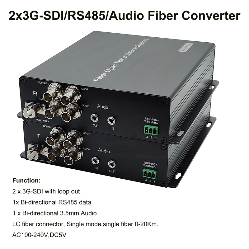 2Port 3G-SDI Video Audio RS485 over Fiber Optic Converters A pair, LC optical transceiver ,Single mode single fiber up 20Km Professional broadcast grade quality