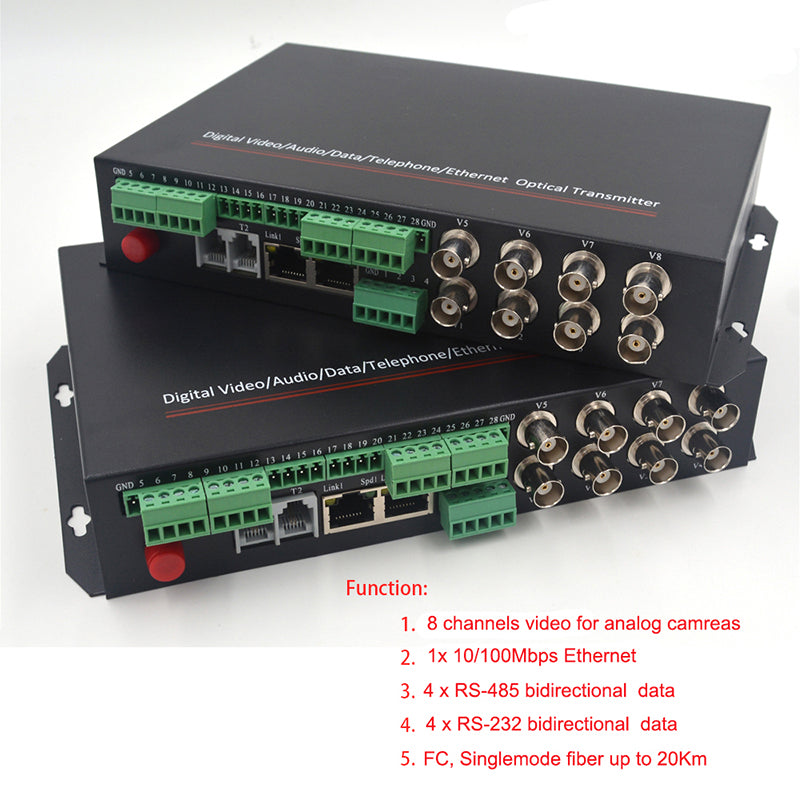 8 Video Ethernet RS485 422 Data to Fiber media Converters, Analog Video RJ45 network over fiber, optical FC, Singlemode up to 20Km Multimomode 500M.A set