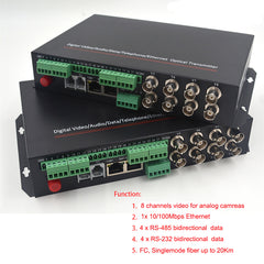 8 Video Ethernet RS485 422 Data to Fiber media Converters, Analog Video RJ45 network over fiber, optical FC, Singlemode up to 20Km Multimomode 500M.A set