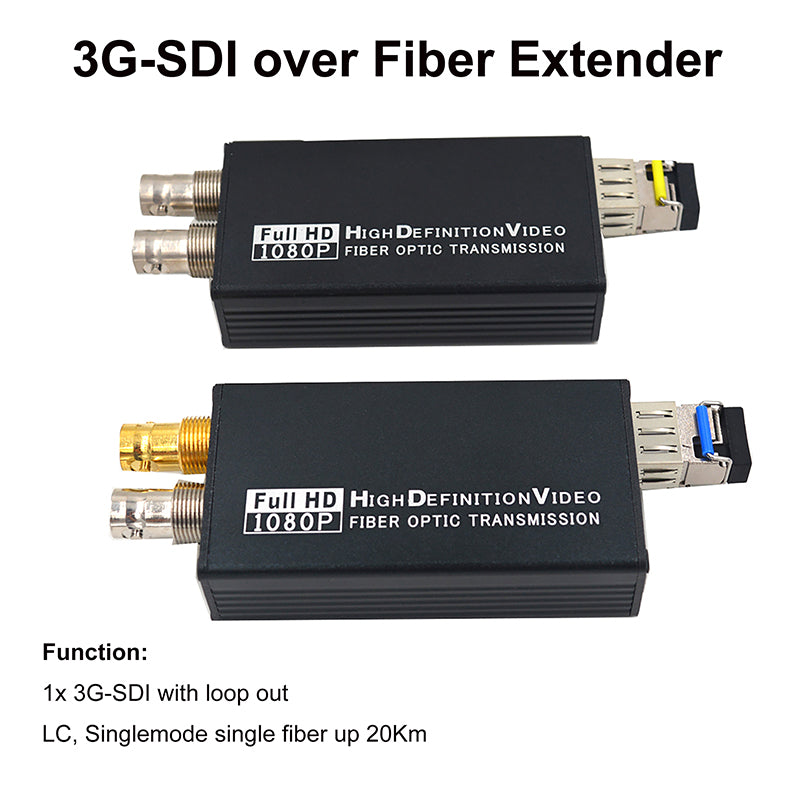 3G/HD-SDI Fiber Optic Extenders with loop out, Uncompressed Full HD Video fiber converters adapter, Broadcast level Singlemode 20Km