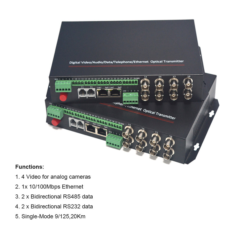 4 port Video Ethernet RS485 RS232 data over one Fiber optic media Converters A set, Singlemode 20Km Multimode 500m, Transmitter and Receiver for analog cameras surveillance