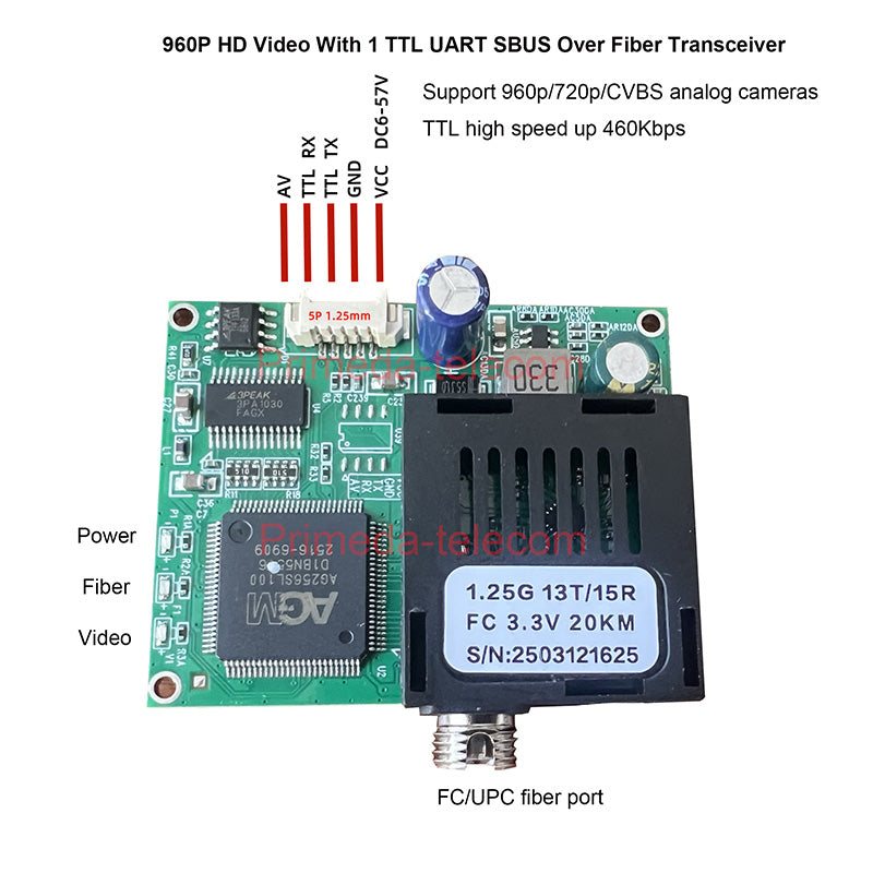 HD Video TTL over Fiber Converter 960P 720P CVBS Video to fiber Optical FC/UPC module Support UART SBUS Singlemode Single Fiber Up 20Km/40Km/60Km High Speed up 460Kbps