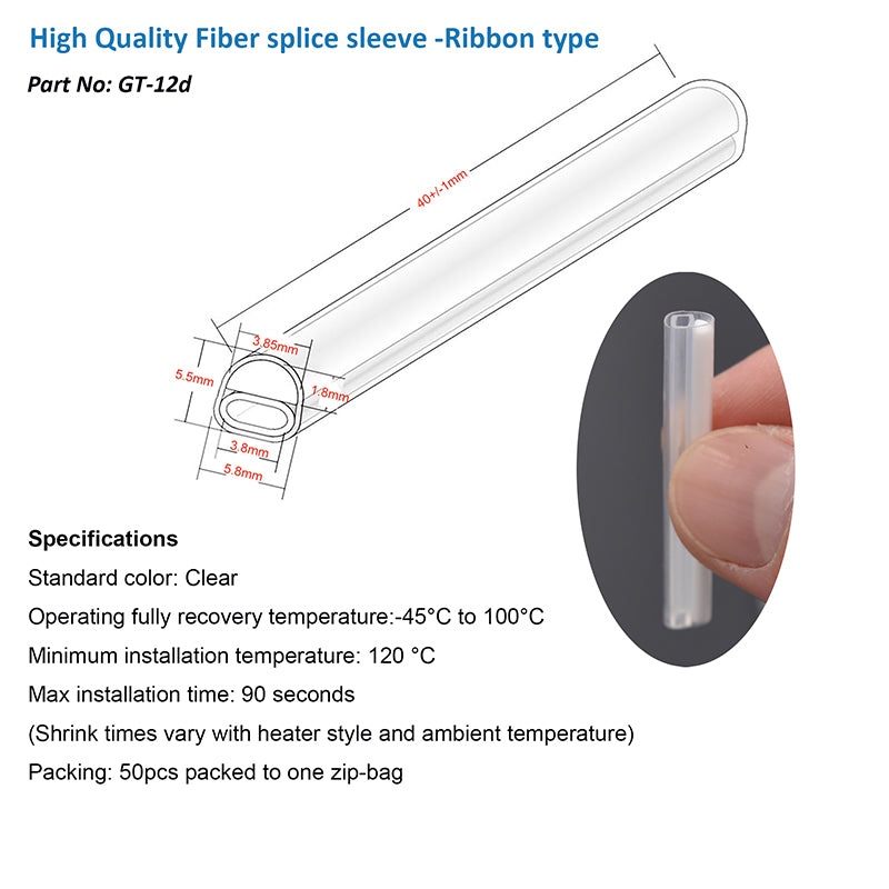 Ribbon mass Fiber fusion splice sleeves 40mm up to 12 fibres Clear 100pcs