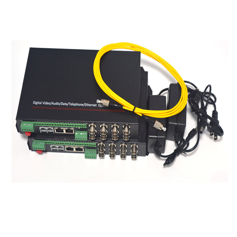 4 port Video Ethernet RS485 RS232 data over one Fiber optic media Converters A set, Singlemode 20Km Multimode 500m, Transmitter and Receiver for analog cameras surveillance