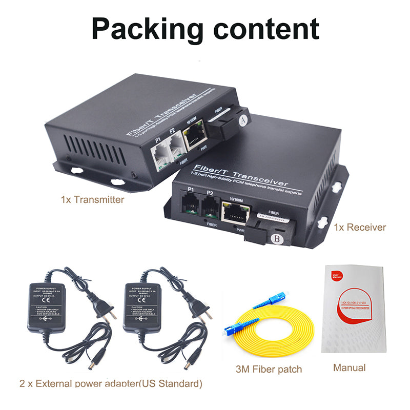 POTS Telephone and 100Mbps Ethernet over Fiber Converters 1 Set - PBX Phone Lines POTS Over Fiber Optic,Single Mode 20Km and Multimode 500m, Support Called id, Ring and Fax