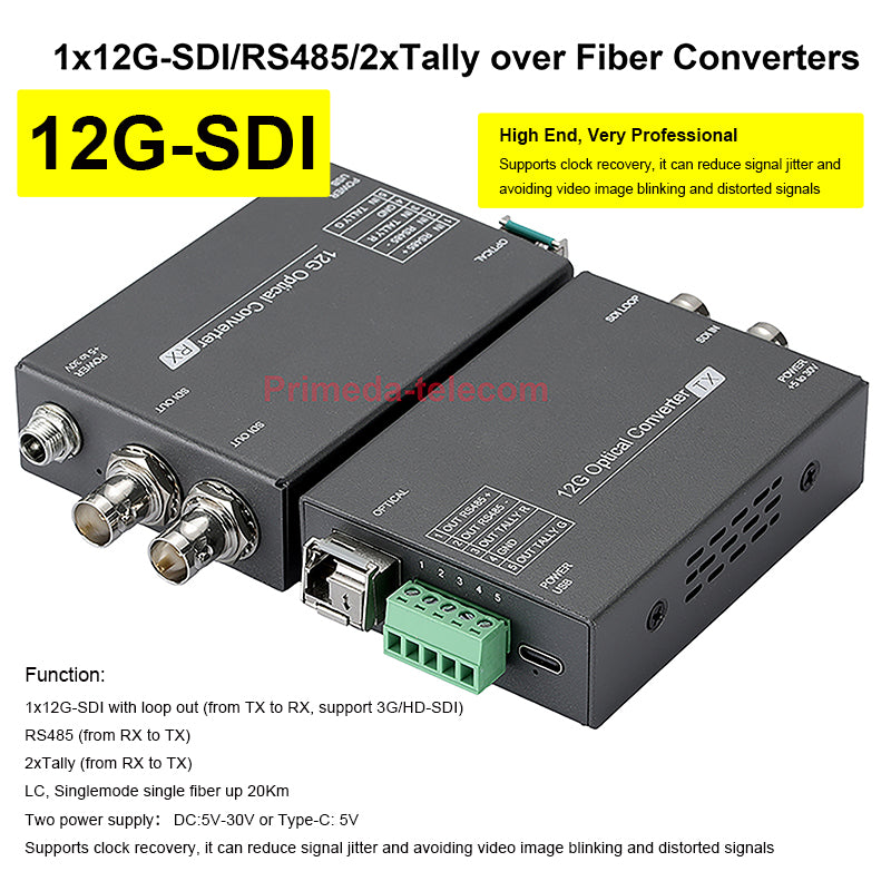 Portable 1x12G/3G-SDI Video /RS485/2xTally over Fiber Optic Converters Adapter LC SFP Singlemode Single Fiber up 10Km, Uncompressed HD Transmission No delay, with clock recovery, For UHDTV 4K 8K HDTV, A set