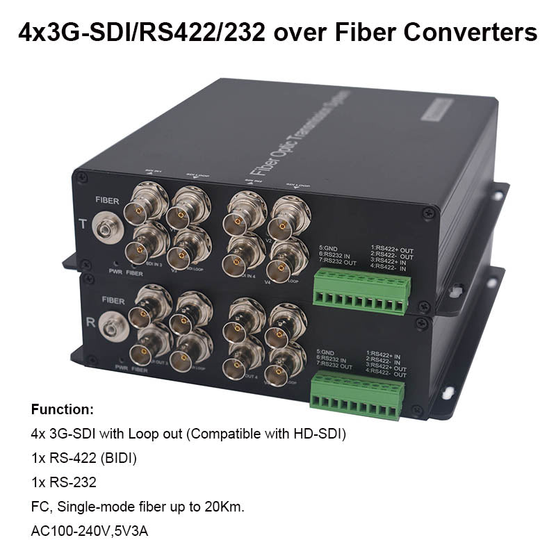 4 port 3G-SDI Video RS422 RS232 over Fiber Converters Uncompressed ,HD SDI to fiber extender Single-mode up 12.4mile(20Km) for Broadcast SDI cameras Professional quality