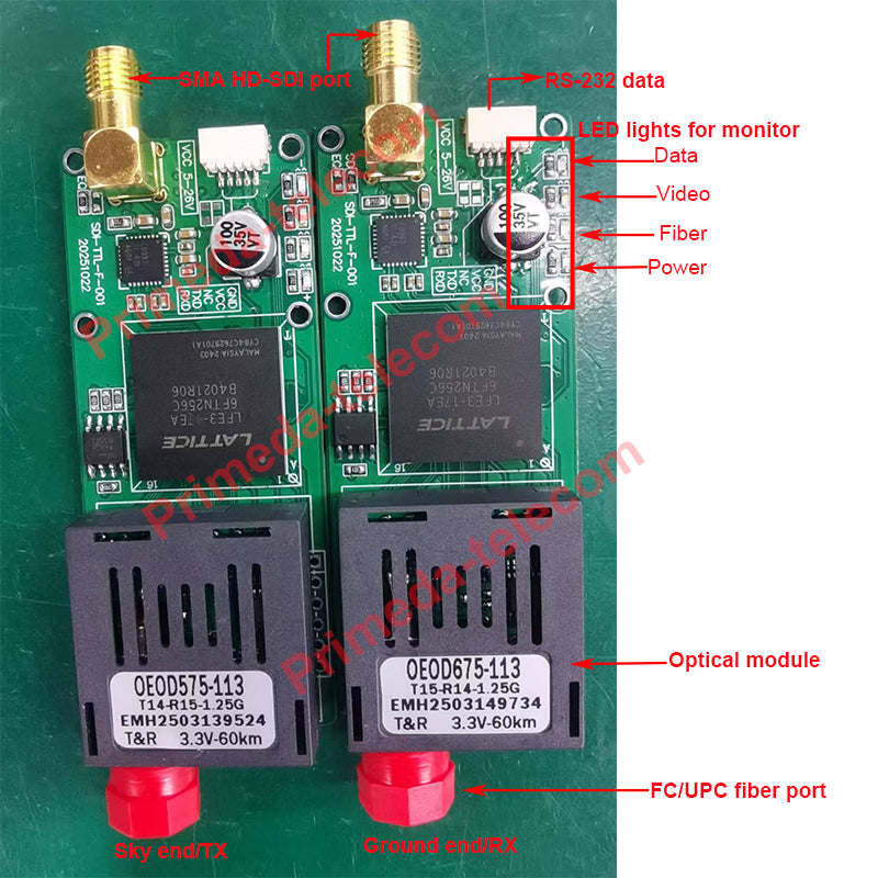 1 channel HD-SDI Video with 1 RS232 data over Fiber Optical Transceiver Sky end and Ground end include FC Singlemode Single Fiber Up 60Km
