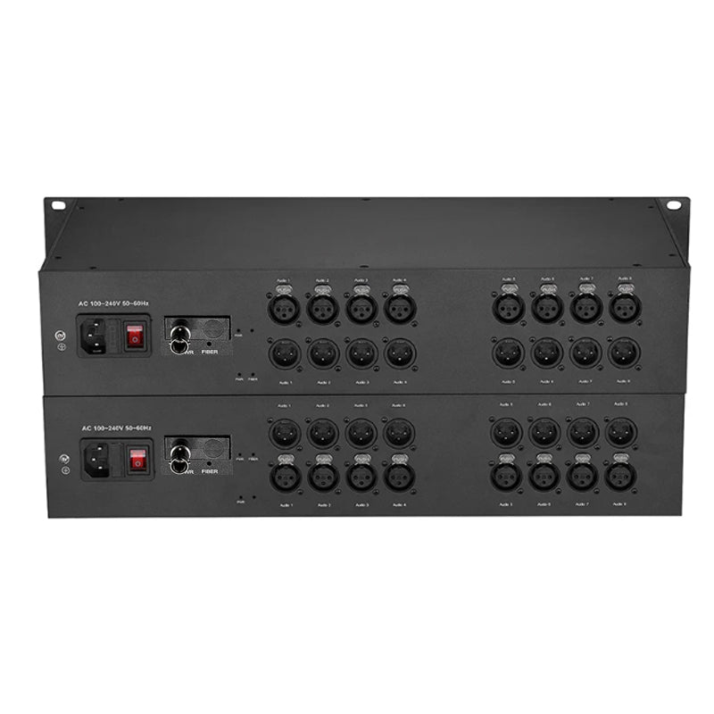 Extensor de audio XLR balanceado bidireccional de 8 canales por fibra óptica, montaje en rack 2U - Fibra monomodo FC/LC/ST hasta 20 km, sin compresión ni retardo, grado profesional, sonido cristalino.