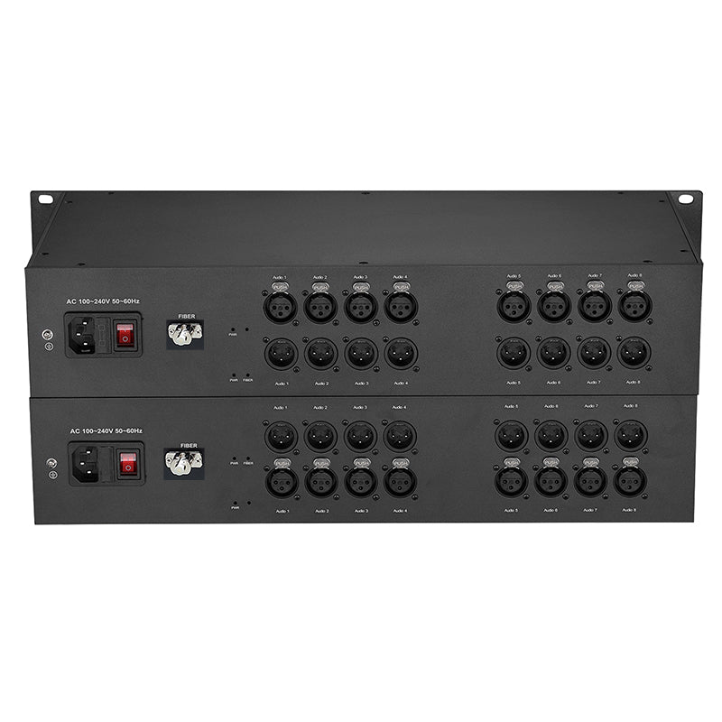 Extensor de audio XLR balanceado bidireccional de 8 canales por fibra óptica, montaje en rack 2U - Fibra monomodo FC/LC/ST hasta 20 km, sin compresión ni retardo, grado profesional, sonido cristalino.